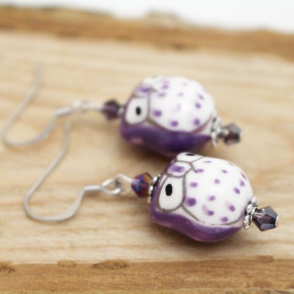 Purple Hand Painted Porcelain Owl Earrings - Handmade & Hypoallergenic - Picture 3 of 6